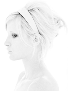 black and white high-key profile studio portrait of model Carolin for German Maxi magazine